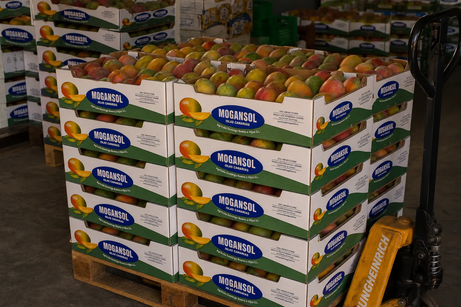Cajas de mango Mogansol listas para hostelería y distribución